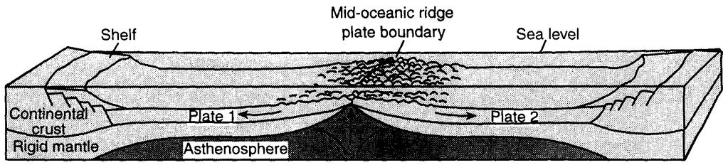 Base your answers to questions 10 through 12 on the diagram below. The diagram shows a model of the relationship between Earth s surface and its interior. 10. Mid-ocean ridges (rifts) normally form where tectonic plates are A) converging B) diverging C) stationary D) sliding past each other 11.