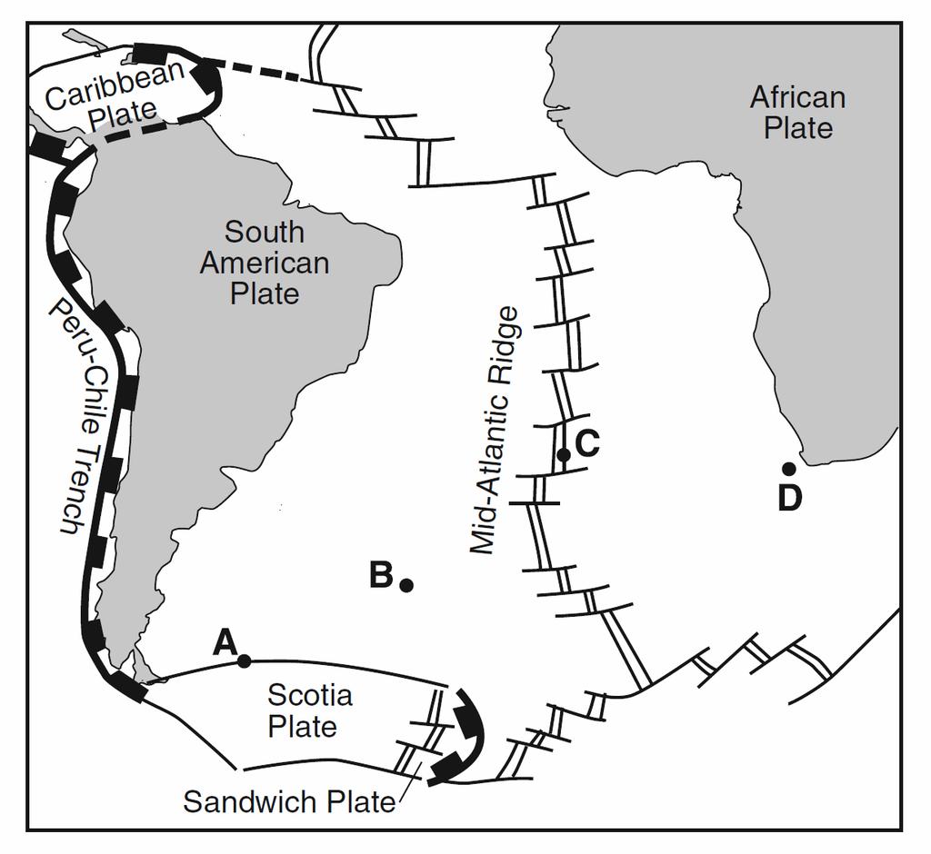 14. The mid-oceanic ridge portion of this cross section best represents A) convergence of the Nazca Plate and the South American Plate B) divergence of the African Plate and the South American Plate