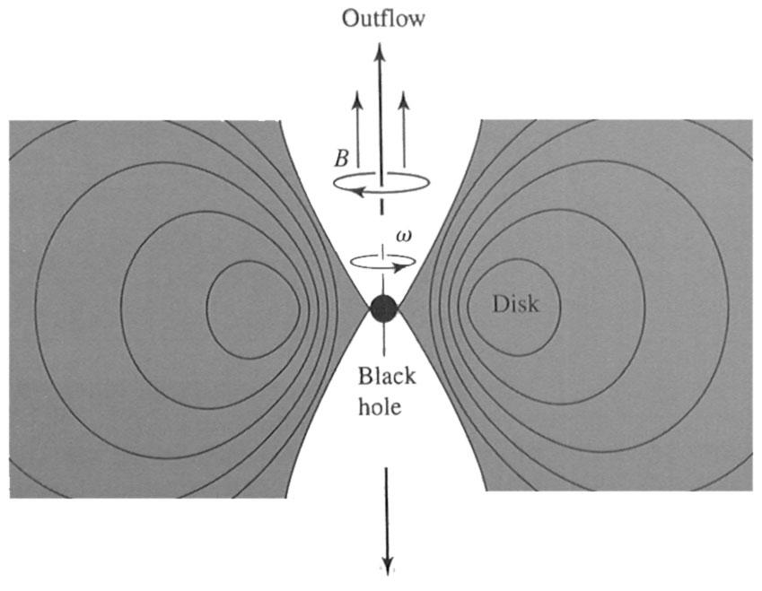 Jets. Outflows and energy can also come from rotation - Blandford Znajak process Outflows columnated into a jet by the think disk along the axis of disk - if line of sight