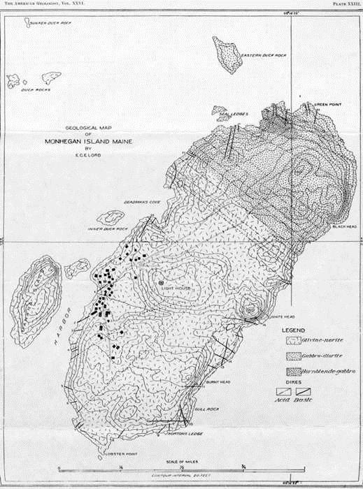 From Lord, 1900 Geology of Monhegan The best geologic map of Monhegan was produced in 1900 by Edwin C.E. Lord of the United States National Museum (Figure 2).