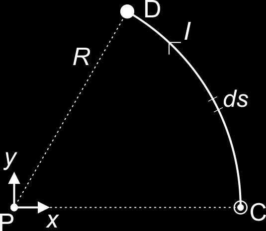 7. (40 points total) A length of wire which carries a steady current I comes out of the page at point C, travels along a curved section and passes into the page at point D as shown.