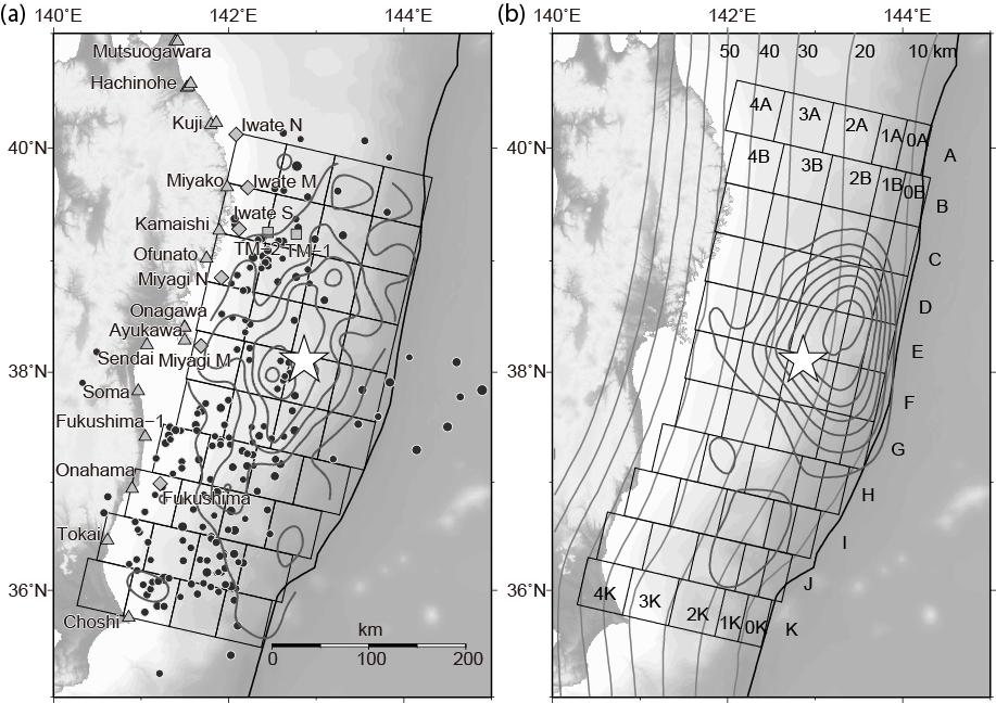 799 800 Figure 2. Subfaults and slip distribution of the 2011 Tohoku earthquake. (a) 801 802 803 804 805 806 807 808 Locations of 40 subfaults used by Fujii et al.