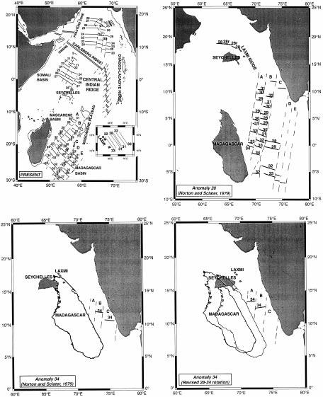 Figure 6. Top left: Magnetic lineations in the western Arabian Sea (modified from Bhattacharya et al., 1994).