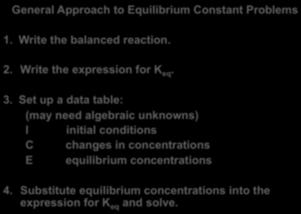 How do you find [H + ] for a weak acid? It is an equilibrium problem! General Approach to Equilibrium Constant Problems 1. Write the balanced reaction. 2. Write the expression for K eq. 3.