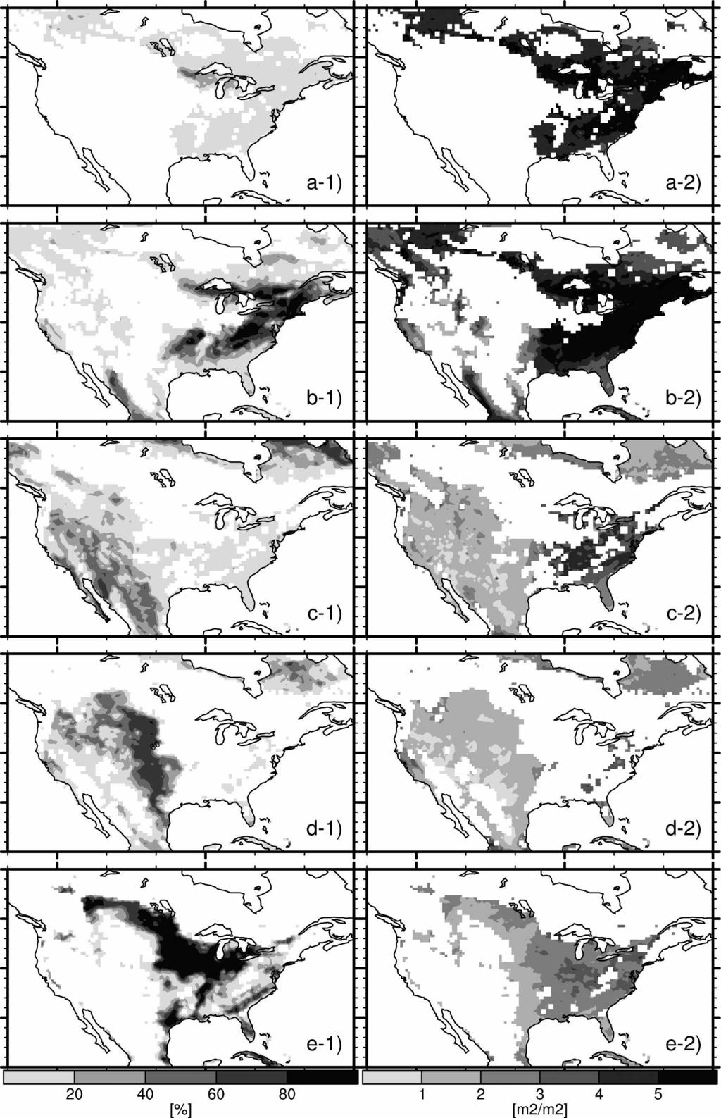 JUNE 2007 K I M A N D WANG 537 FIG. 2. Percentage of the grid cell occupied by and maximum LAI of (a) needleleaf trees, (b) broadleaf trees, (c) shrubs, (d) grasses, and (e) crops on 0.5 0.5 map.
