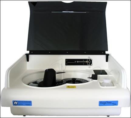 EASYCHEM The EASYCHEM is a compact benchtop automated discrete analyzer that utilizes reaction wells for processing the samples and a flow cell for colorimetric detection of the sample.
