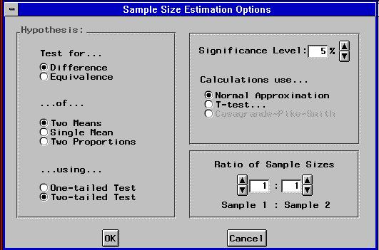 Figure 3: Sample Size Estimation Options Figure 3 shows the options available for performing sample size estimation.