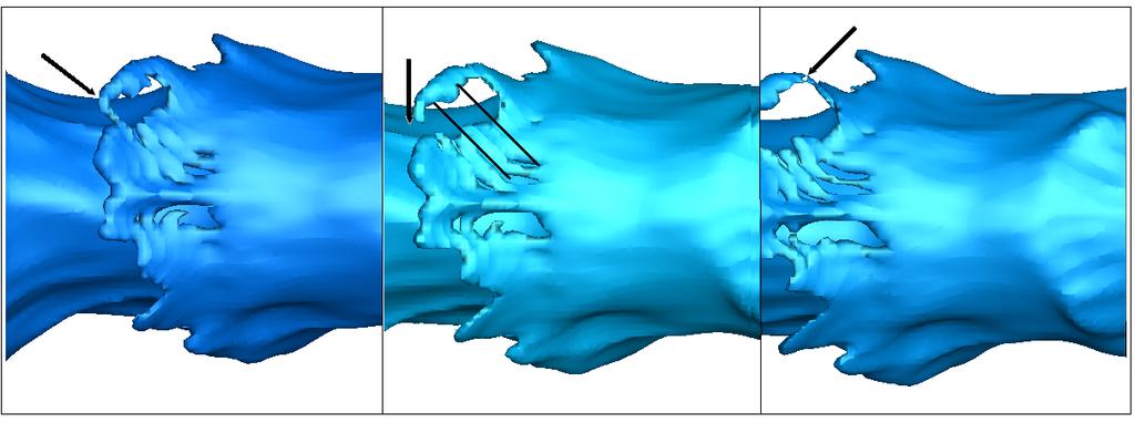 Flow from right to left (Re=1600 and We=230,000.) Figure 15. Detachment of a ligament from the ring-like structure.