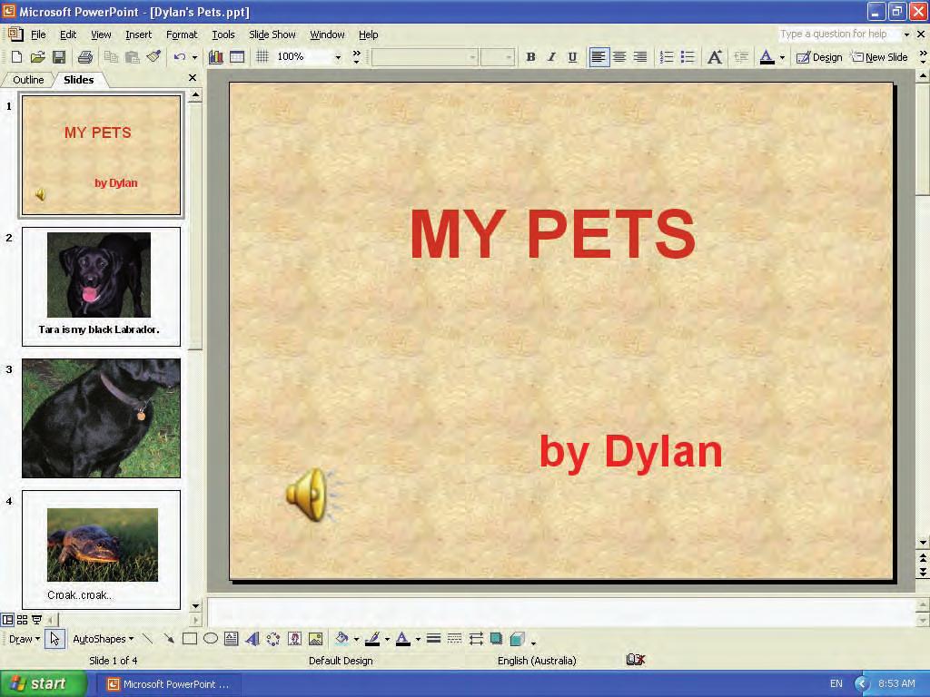 5. ylan made a slideshow about his pets. ylan added some sounds to his slideshow. n which of his slides does a sound file begin?