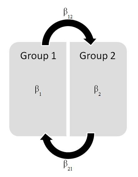 Figure 3.5: Illustrating the interacting group process for two groups, where β i is the infection rate within group i, and β ij the infection rate from group i to group j.