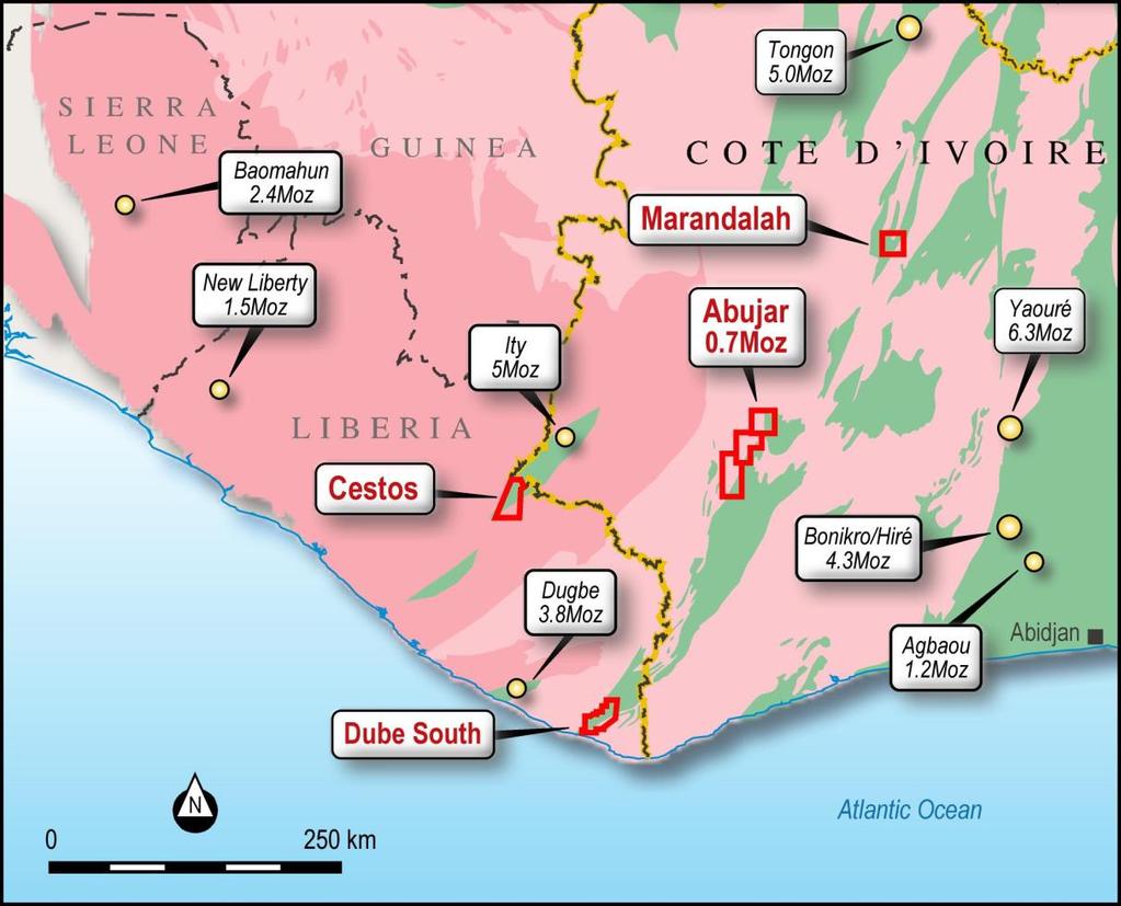 Liberian Projects Dube South (406 km 2) 100% rights for gold Major geological features Merge of two major structures 40km long 4km wide Dube shear zone Gold(AU) mineralisation features Three unique