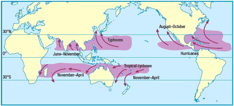 Tropical storms (hurricanes, cyclones, typhoons) develop as a result of particular physical conditions Describe the distribution of tropical storms.