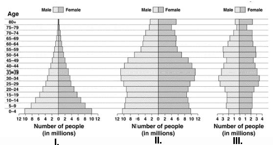 Version A Questions 20 and 21 refer to the figure below, which depicts the age structure of three populations. 20. Which population is in the process of decreasing?