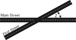 19. Use the diagram below to answer this question. Several angles are formed by the intersection of First Street and Main Street. What type of angle is the one marked with a Z? A. acute B. obtuse C.