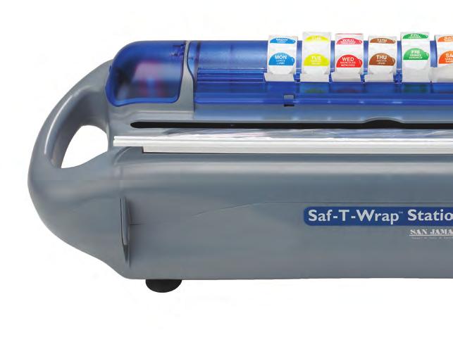 Saf-T-Wrap Station All-in-one food labeling/rotation system features an interchangeable safety blade or slide cutter.