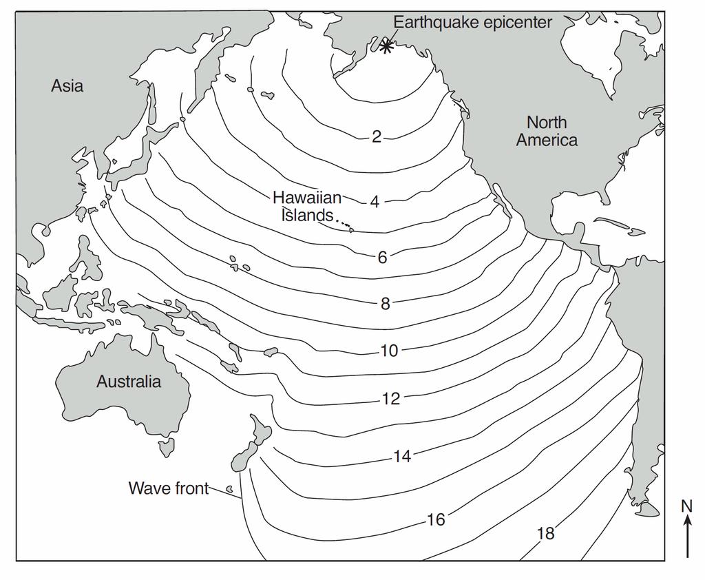 21. The map below shows changes in the position of the tsunami wave front produced by the 1964 Alaskan earthquake.