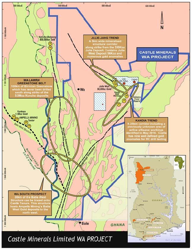 WA PROJECT (Castle Minerals 100%) The Wa Project covers approximately 12,000km 2 in NW Ghana near the border with Burkina Faso and consists of three large Reconnaissance Licences and two Prospecting