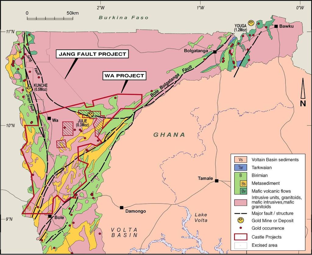 Castle s Wa Project showing both Wa-Lawra and Bolgatanga Greenstone Belts Auger drilling and soil sampling is underway on Wa Prospect and this work will soon be followed by; 15,000m of RC drilling at