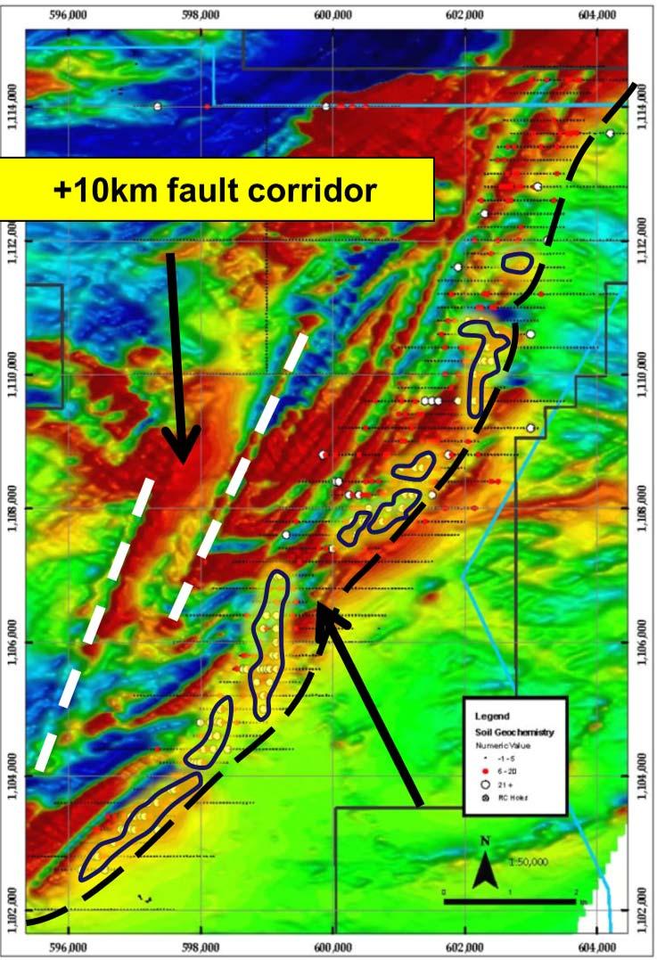Soil anomalies for RC drilling 9 targets over 12km Kandia Trend newly acquired magnetic data showing structural complexity and previously