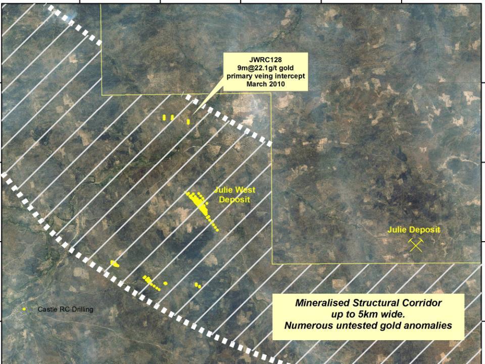 New gold anomalies for RC drill testing within Julie Jang exploration corridor Geochemical sample data overlain on landsat image showing relationship between recently generated geochemical anomalies