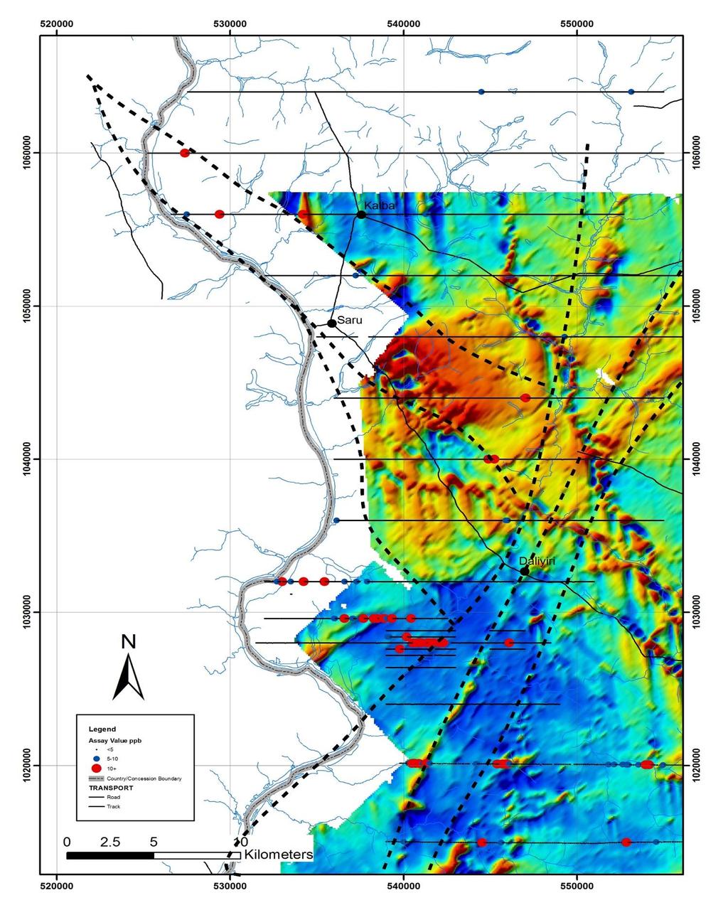+5km long target for detailed sampling Interpreted Batie West Structure Internal Granite +10km long zone of soil anomalism South Wa - soil geochemistry overlain on regional aeromagnetic image.