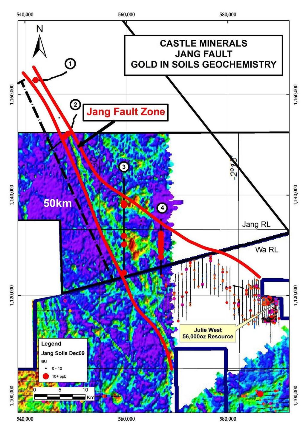 Julie West Jang Trend The Julie West - Jang Trend is interpreted to extend at least 30km to the northwest from the Julie West deposit.