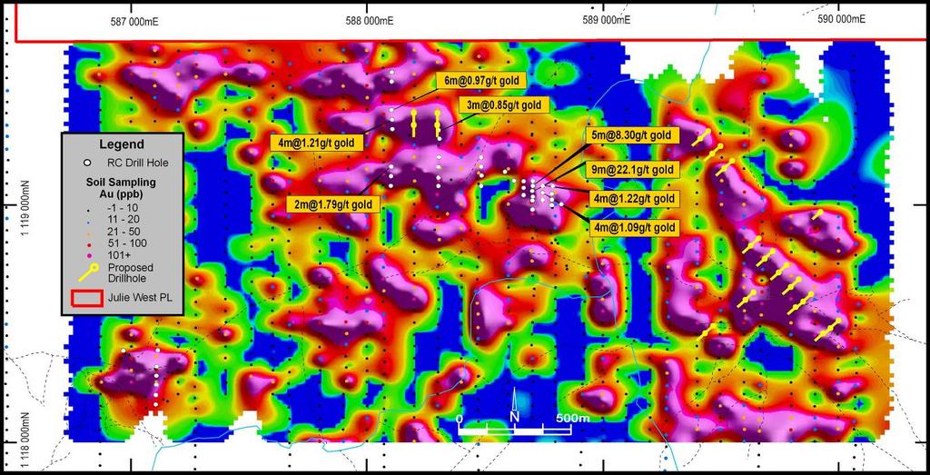 There is no recorded outcrop in the area and the anomaly may overlie high grade, vein hosted gold mineralisation.