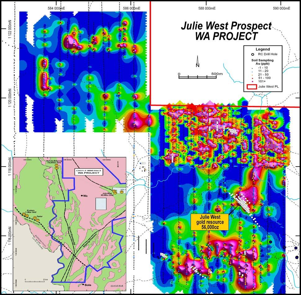 Jang Trend A 2km long soil geochemical anomaly has been defined approximately 7km NW of the Julie West gold deposit.