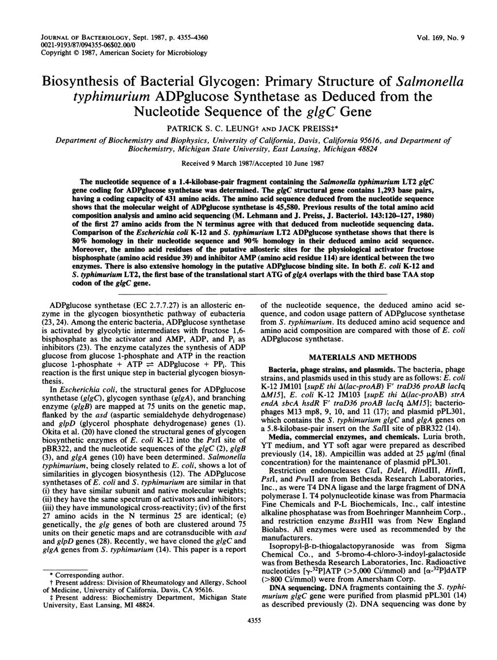JOURNAL OF BACTERIOLOGY, Sept. 1987, p. 4355-4360 0021-9193/87/094355-06$02.00/0 Copyright X) 1987, American Society for Microbiology Vol. 169, No.