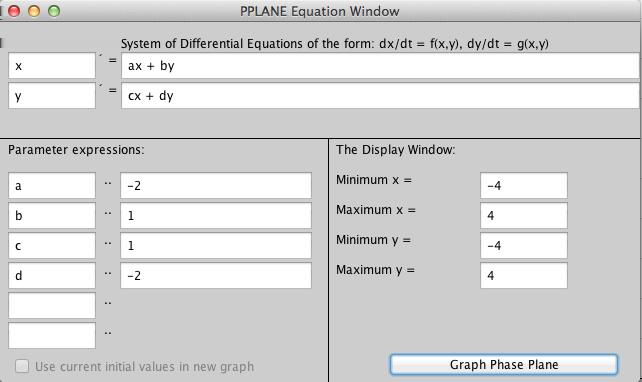 Figure 2: At top: the ODE entry panel in pplane. Bottom row: Multiple solutions are plotted for Examples 1.1 and 1.4. Example 1.