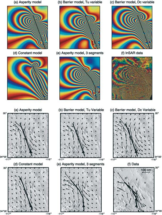2166 Sophie Peyrat et al. Pure appl. geophys., Figure 8 (Top) (a e) Synthetic interferograms calculated on a rectangular grid with 2 m spacing for the Landers earthquake.
