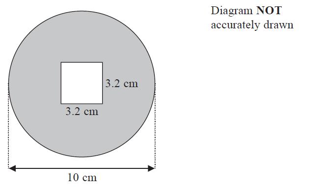 27. A square hole is cut from a circular piece of card. The square has sides of length 3.2 cm. The diameter of the circular piece of card is 10 cm. Work out the area of the shaded region.