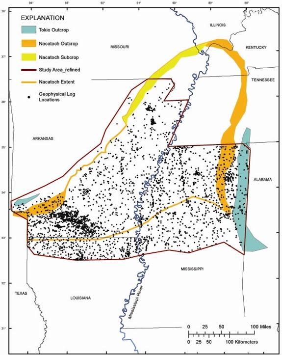 Salinity Concentration Mapping, Cretaceous Aquifer System - Mississippi Embayment Identify borehole geophysical logs in wells that penetrate