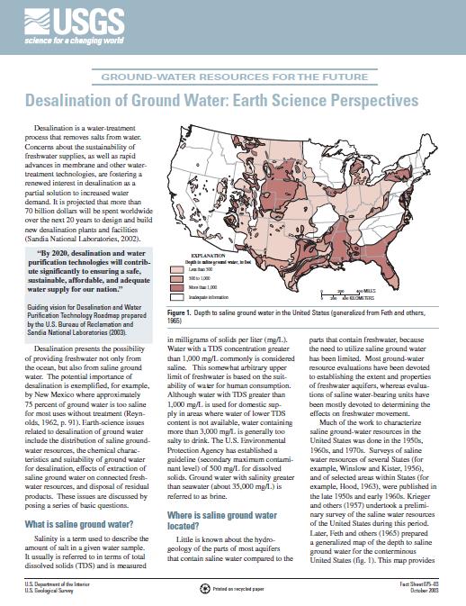 Background and Problem Historical studies by USGS of saline groundwater are summarized in USGS Fact Sheet 075-03 Unfortunately, little is known about the