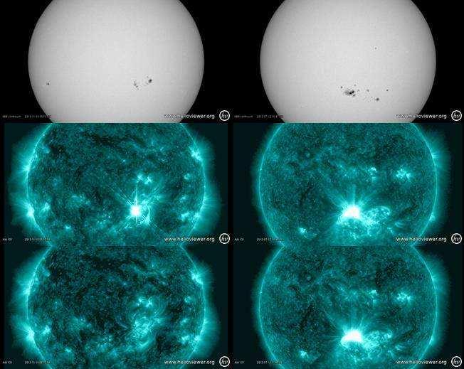 Figure 2 ~ Upper, left and right: White light image (SDO/HMI) of the active regions responsible for a short and a long duration X1 flaring event.