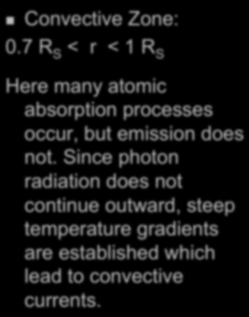 Solar Structure " Convective Zone: 0.7 R S < r < 1 R S Here many atomic absorption processes occur, but emission does not.
