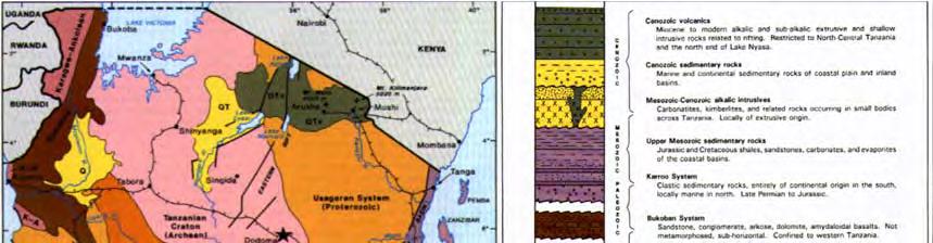 Geological Information Various massifs and a series of strata of pre-cambrian age cover most regions of Tanzania, with Cambrian and later rocks mainly distributed in the eastern region.