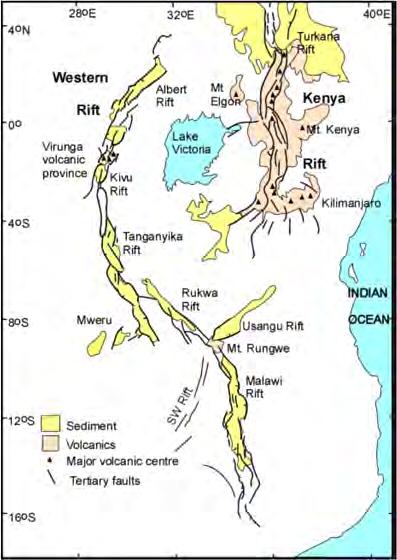 Fig. II-28 The rift system of Tanzania and its vicinity (Omenda, 2010) The formation of the rift started with up-doming and volcanism on the crest of uplift, which was followed by faulting to form a