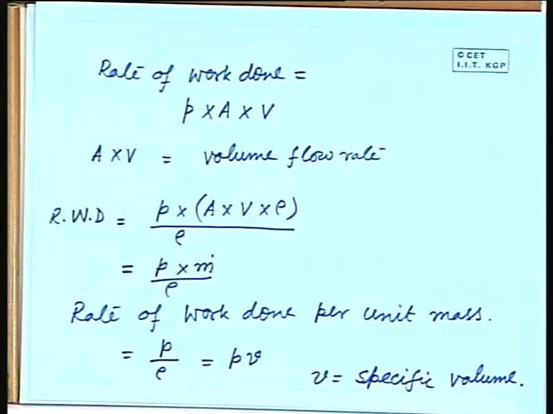 (Refer Slide Time: 50:10) If we do that, we can write rate of work done that is p into area into velocity. What is A into velocity? That is the volume flow rate.
