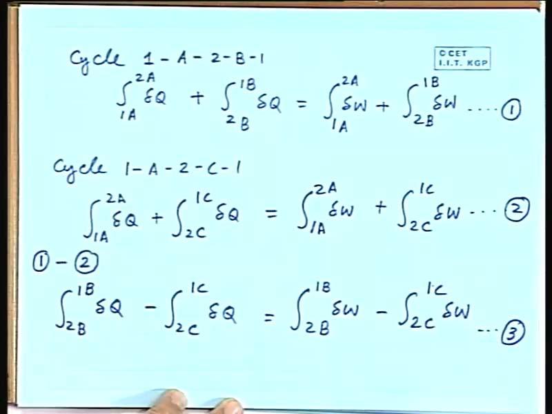 (Refer Slide Time: 14:40) Cycle 1-A-2-B-1, for this cycle we will get integration 1A to 2A dq plus integration 2B to 1B dq is equal to integration 1A to 2A dw plus integration 2B to 1B dw.
