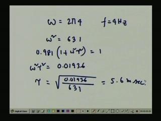 than equal to y by K by x, right and as you know this is equal to 1 upon under square root 1 plus omega tau square. (Refer Slide Time: 3:19) Now, omega is given, let us calculate for omega equal to 4.