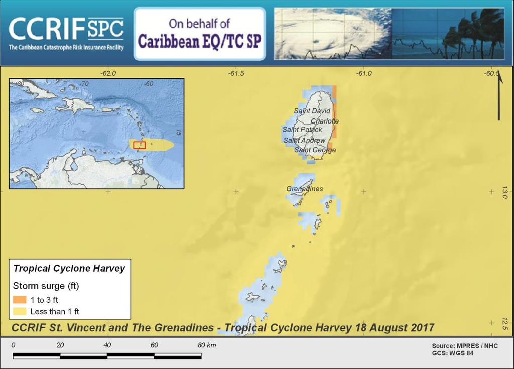Figure 7 Map showing the storm surge field associated with Tropical Cyclone Harvey on St. Vincent and the Grenadines.