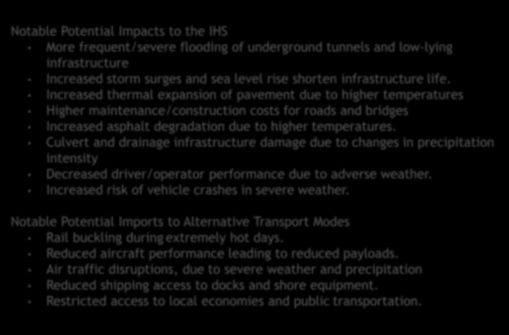 Increased thermal expansion of pavement due to higher temperatures Higher maintenance/construction costs for roads and bridges Increased asphalt degradation due to higher temperatures.