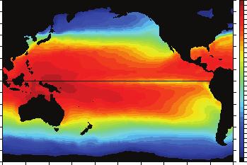 156 CHAPTER 7: Ocean-Atmosphere Interactions 6 N 4 N Temperature ( C) 32 28 24 2 16 12 8 4 FIGURE 7-17 Sea surface temperature in the Pacific Ocean, as measured by satellite-mounted sensors.