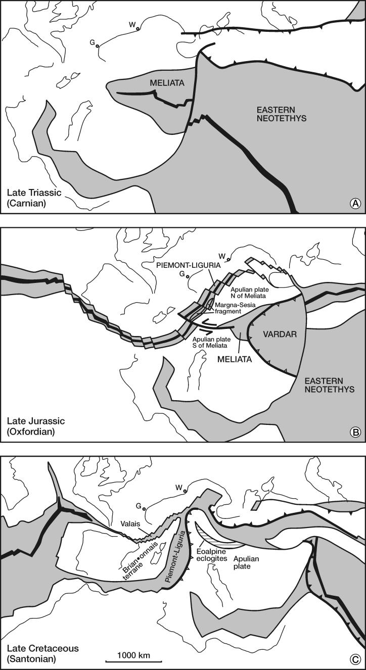 Fig. 2 Paleogeographic reconstruction for a) Late Triassic, b) Late Jurassic and