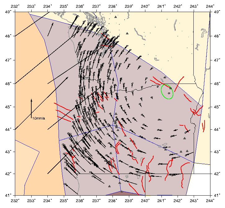 REMOVING ELASTIC STRAIN ACCUMULATION SHOWS OREGON MICROPLATE ROTATION Velocity field from campaign and continuous GPS sites. Reference frame is North America and ellipses are 1σ.