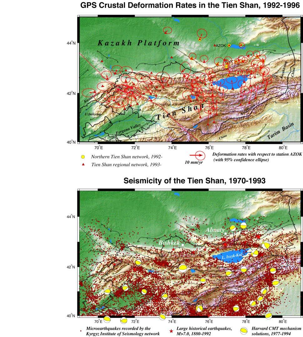 COMPARISON OF GEODETIC AND SEISMOLOGICAL EVIDENCE FOR CRUSTAL SHORTENING IN THE TIEN SHAN GPS data indicate that this intracontinental mountain belt, 1000-2000 km north of the Himalaya, accommodates