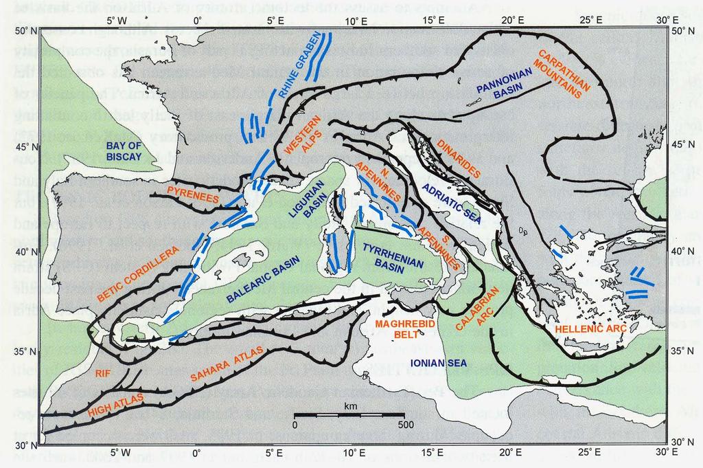 REGIONAL TECTONICS OF THE MEDITERRANEAN Nubia-Eurasia convergence causes complex geometry, many possible