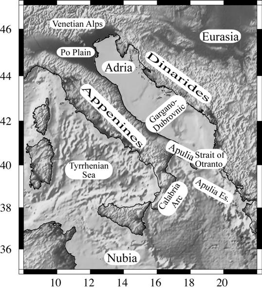 ADRIA MICROPLATE: NOW MOVES NORTHEAST WRT EURASIA Focal mechanisms and GPS find Adria bounded by convergent boundaries in the Dinarides and the