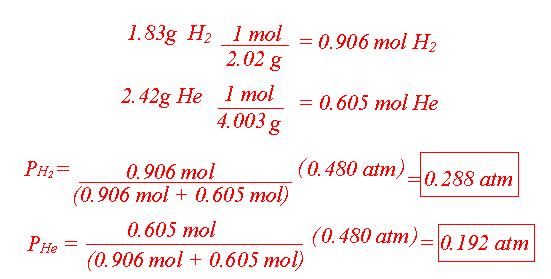 10. If 1.83 g of hydrogen gas and 2.42 g of helium exerts a total pressure of 0.480 atm, what is the partial pressure of each gas?